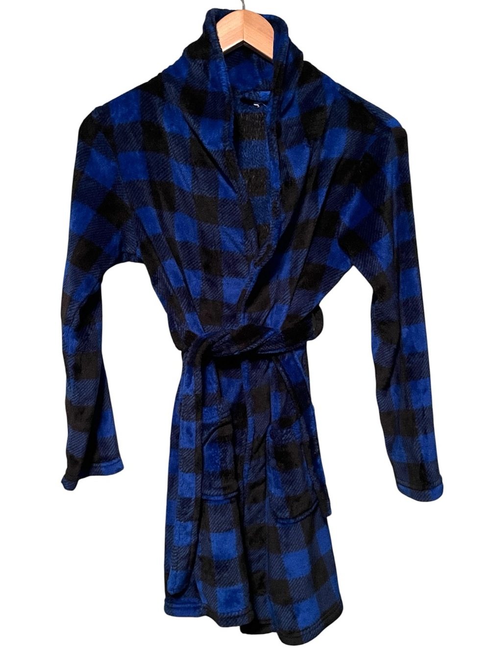 Wonder Nation Blue and Black Plaid Kids Fleece Robe Large
